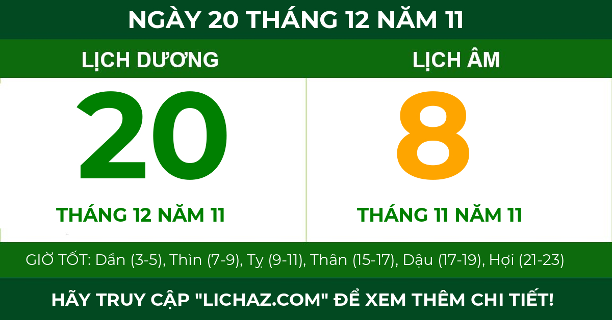 lịch âm ngày 20 tháng 12 năm 11