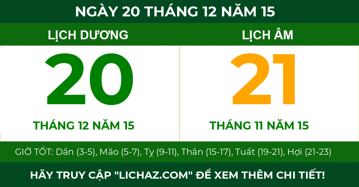lịch âm ngày 20 tháng 12 năm 15