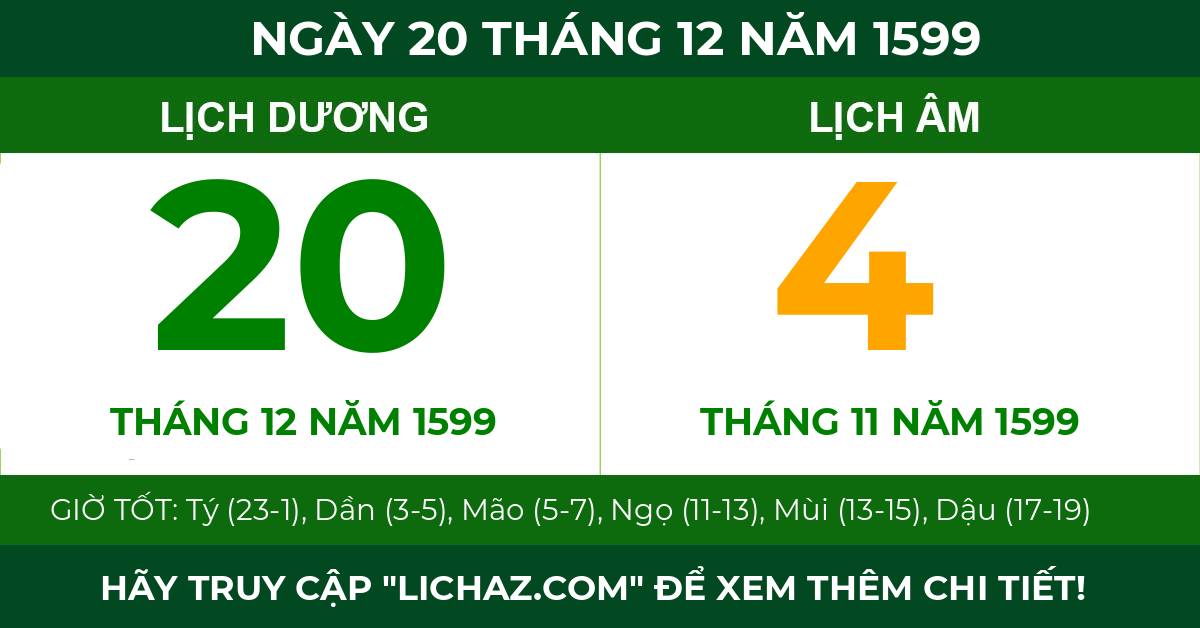 lịch âm ngày 20 tháng 12 năm 1599