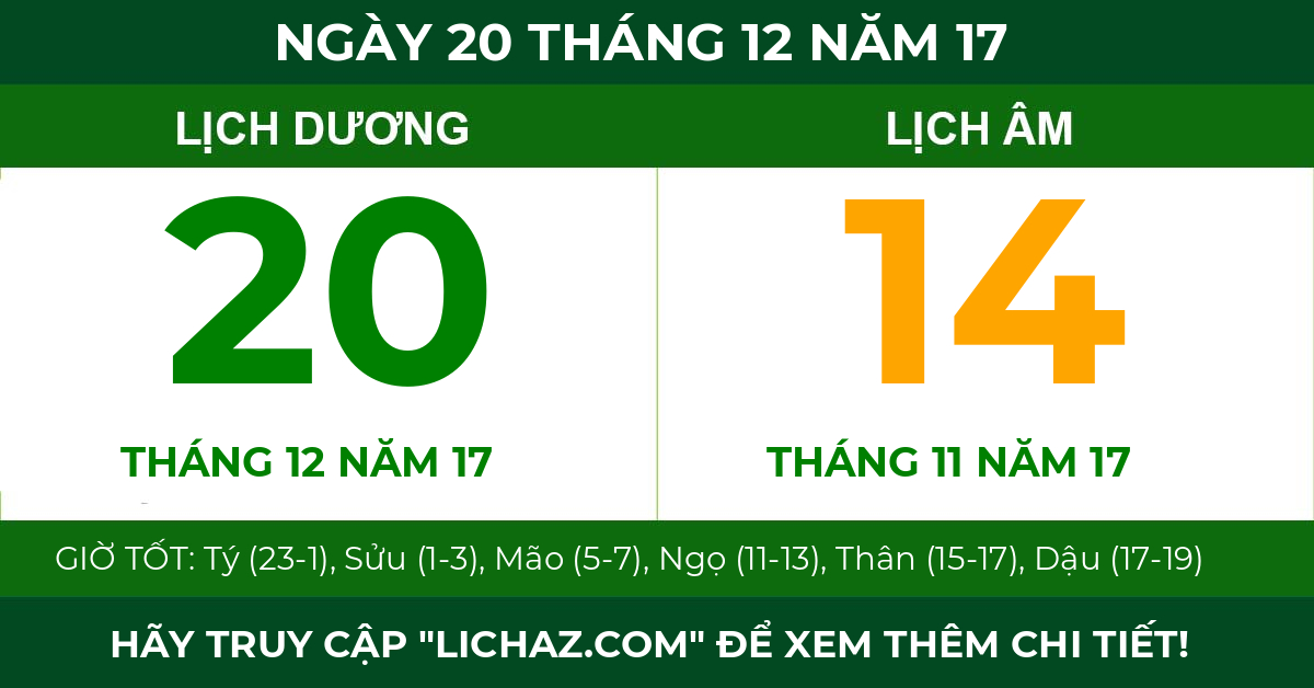 lịch âm ngày 20 tháng 12 năm 17