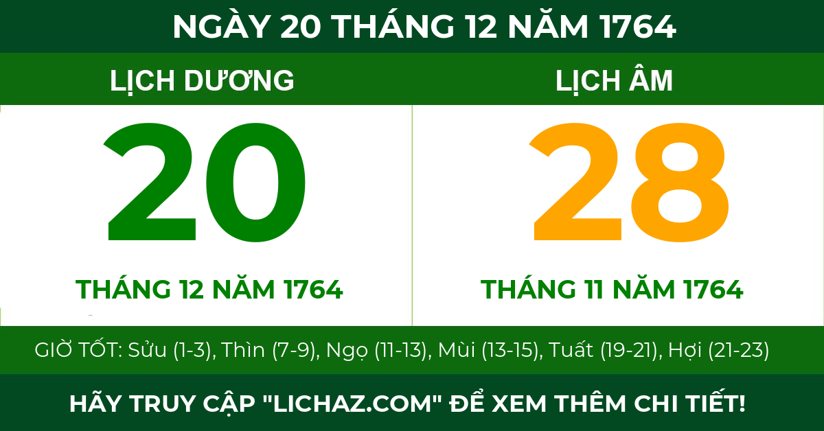 lịch âm ngày 20 tháng 12 năm 1764