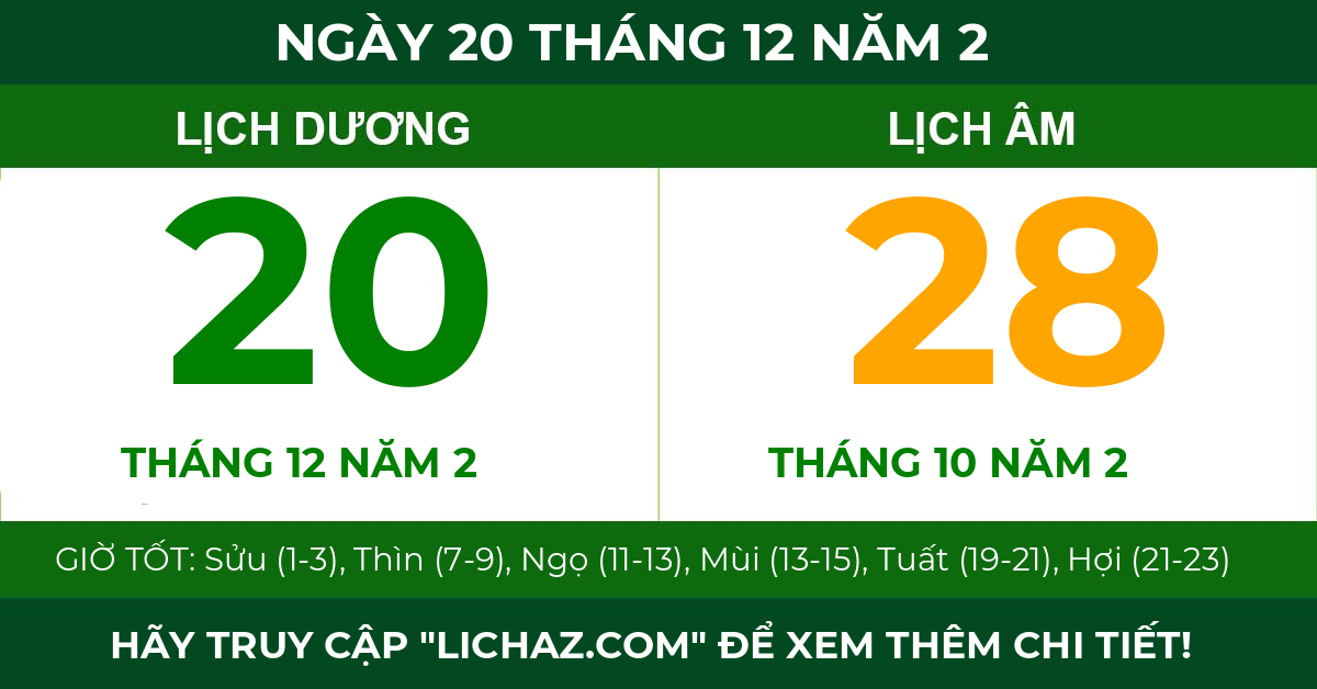 lịch âm ngày 20 tháng 12 năm 2