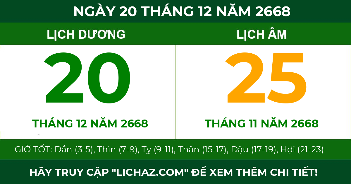 lịch âm ngày 20 tháng 12 năm 2668