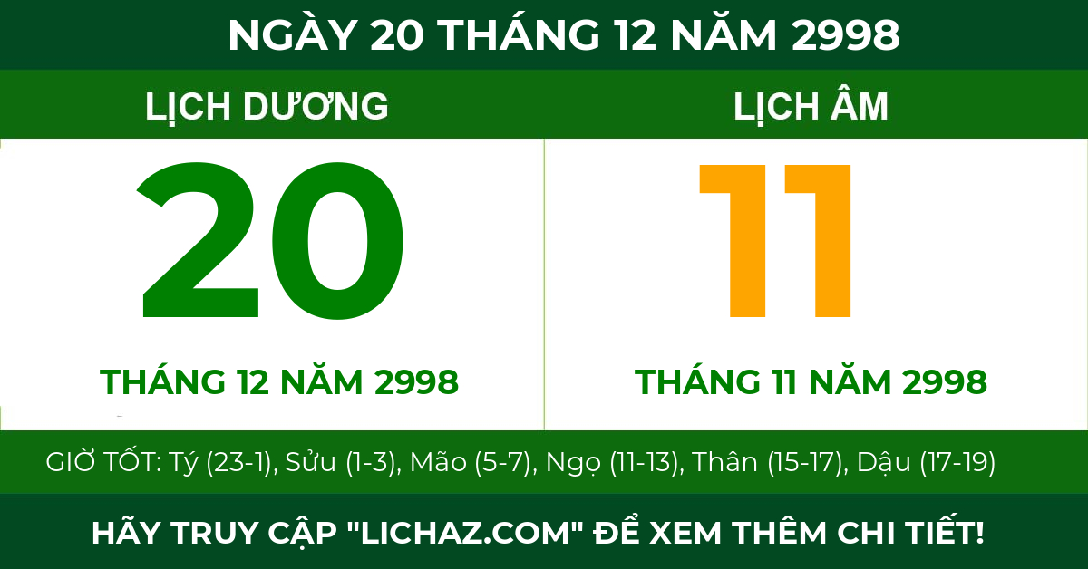 lịch âm ngày 20 tháng 12 năm 2998
