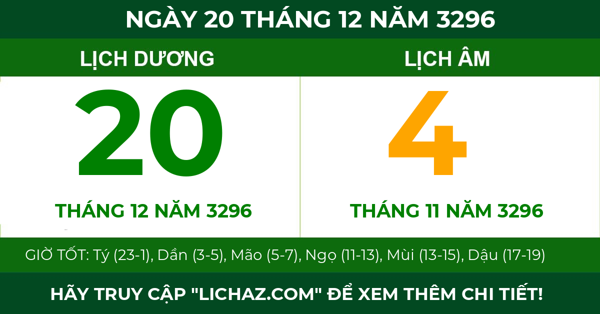 lịch âm ngày 20 tháng 12 năm 3296