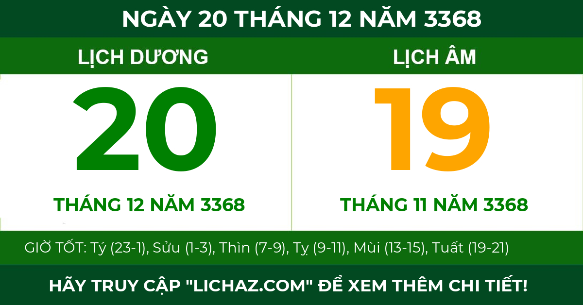 lịch âm ngày 20 tháng 12 năm 3368