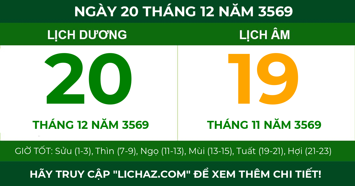 lịch âm ngày 20 tháng 12 năm 3569
