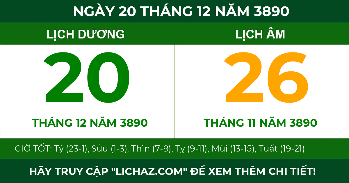 lịch âm ngày 20 tháng 12 năm 3890