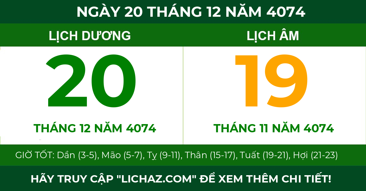 lịch âm ngày 20 tháng 12 năm 4074