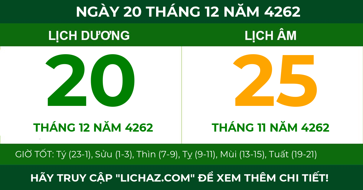 lịch âm ngày 20 tháng 12 năm 4262