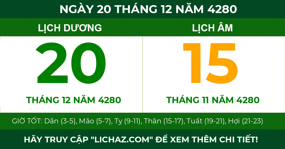 lịch âm ngày 20 tháng 12 năm 4280
