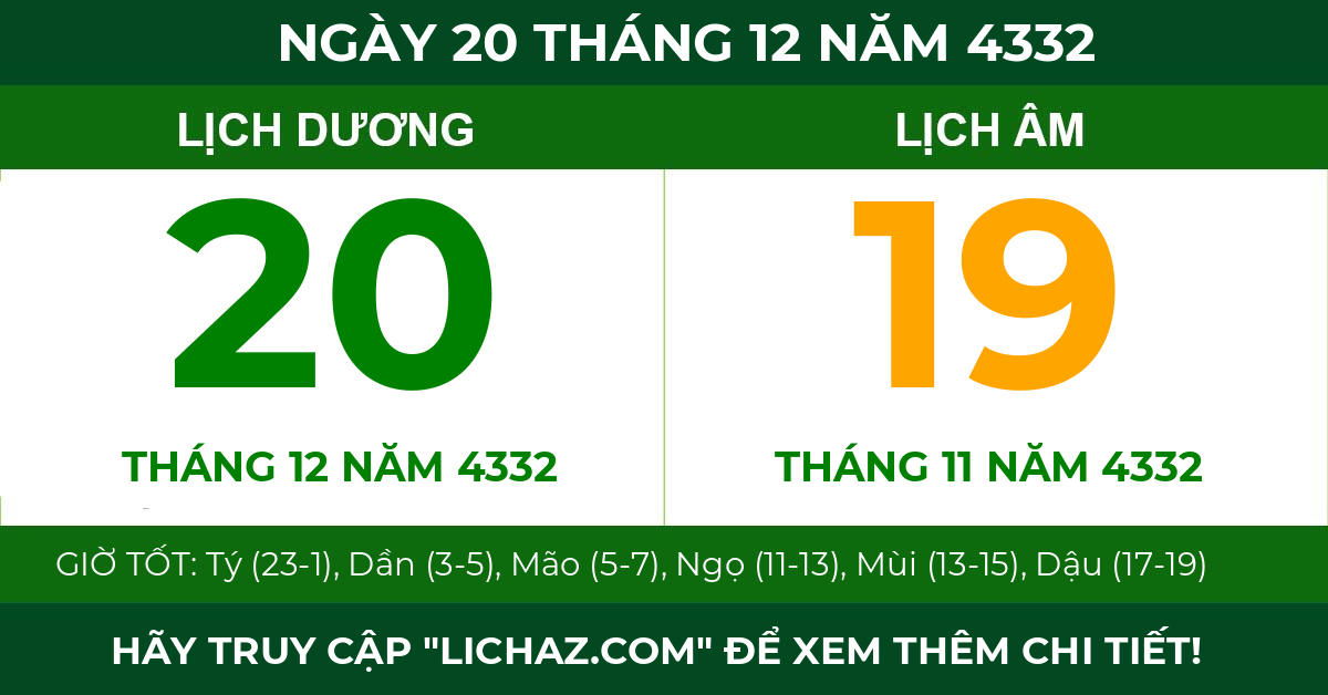 lịch âm ngày 20 tháng 12 năm 4332