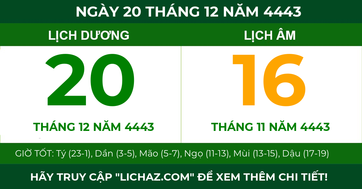 lịch âm ngày 20 tháng 12 năm 4443