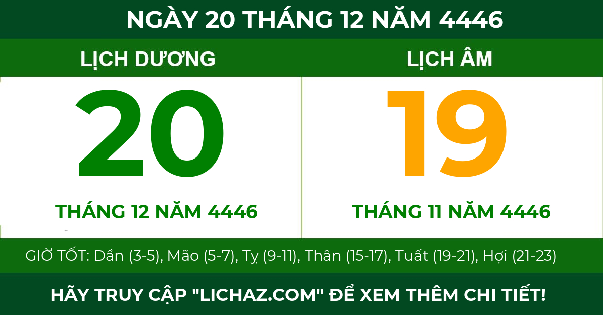 lịch âm ngày 20 tháng 12 năm 4446