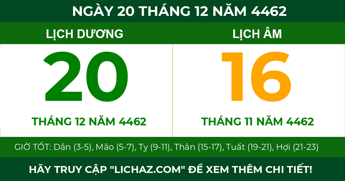 lịch âm ngày 20 tháng 12 năm 4462