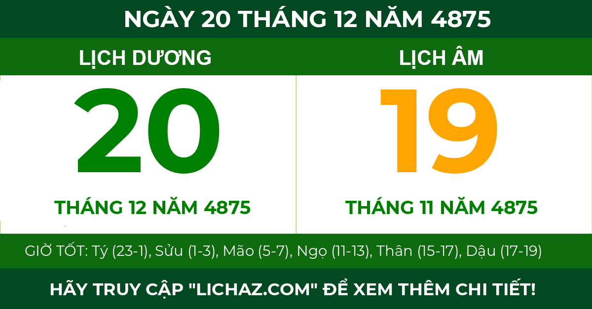 lịch âm ngày 20 tháng 12 năm 4875