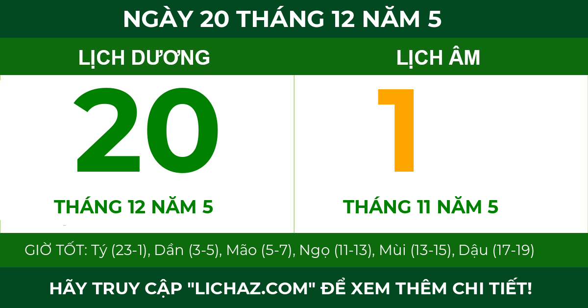 lịch âm ngày 20 tháng 12 năm 5