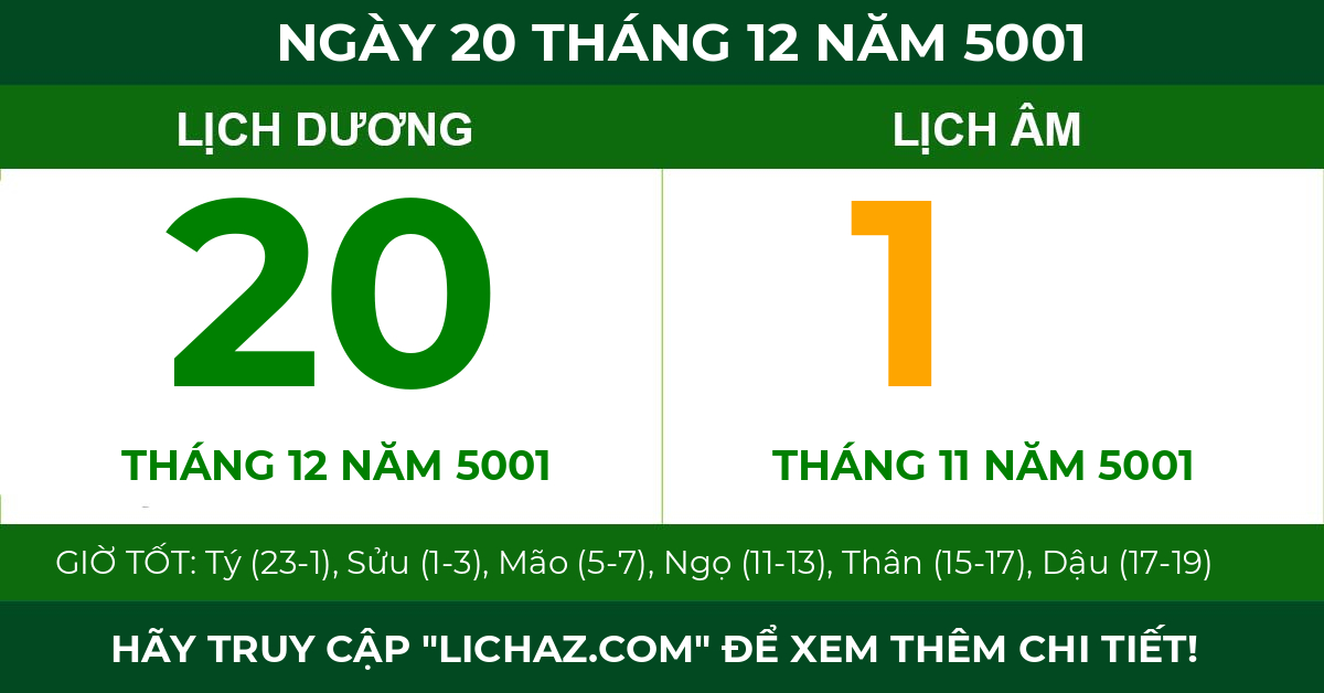 lịch âm ngày 20 tháng 12 năm 5001