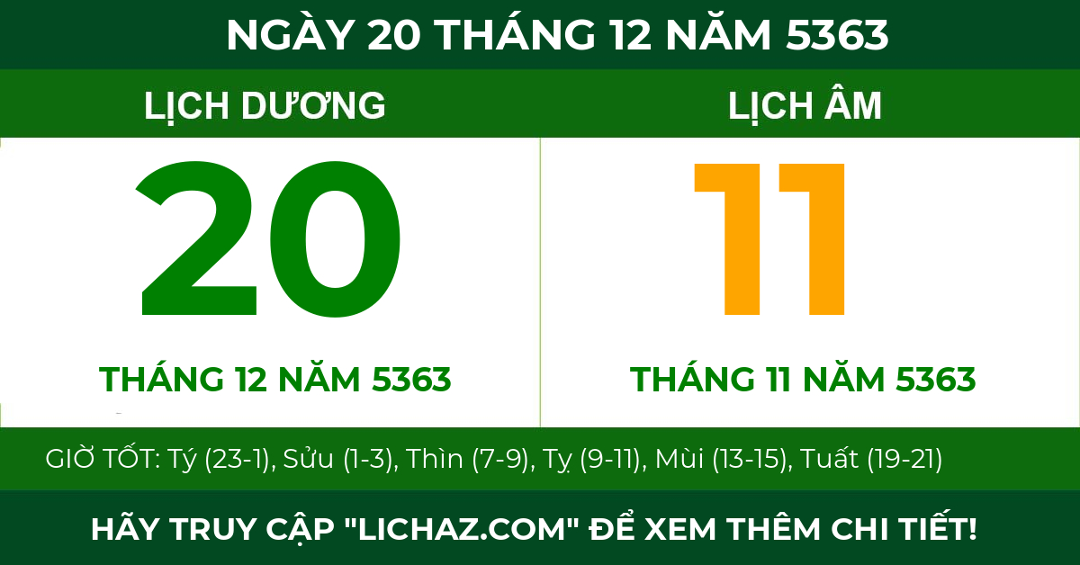 lịch âm ngày 20 tháng 12 năm 5363