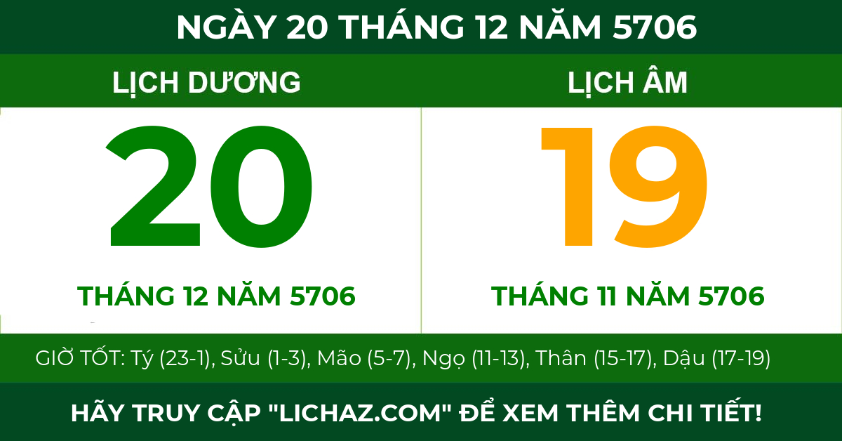 lịch âm ngày 20 tháng 12 năm 5706
