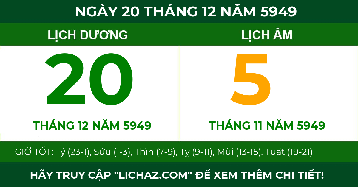 lịch âm ngày 20 tháng 12 năm 5949
