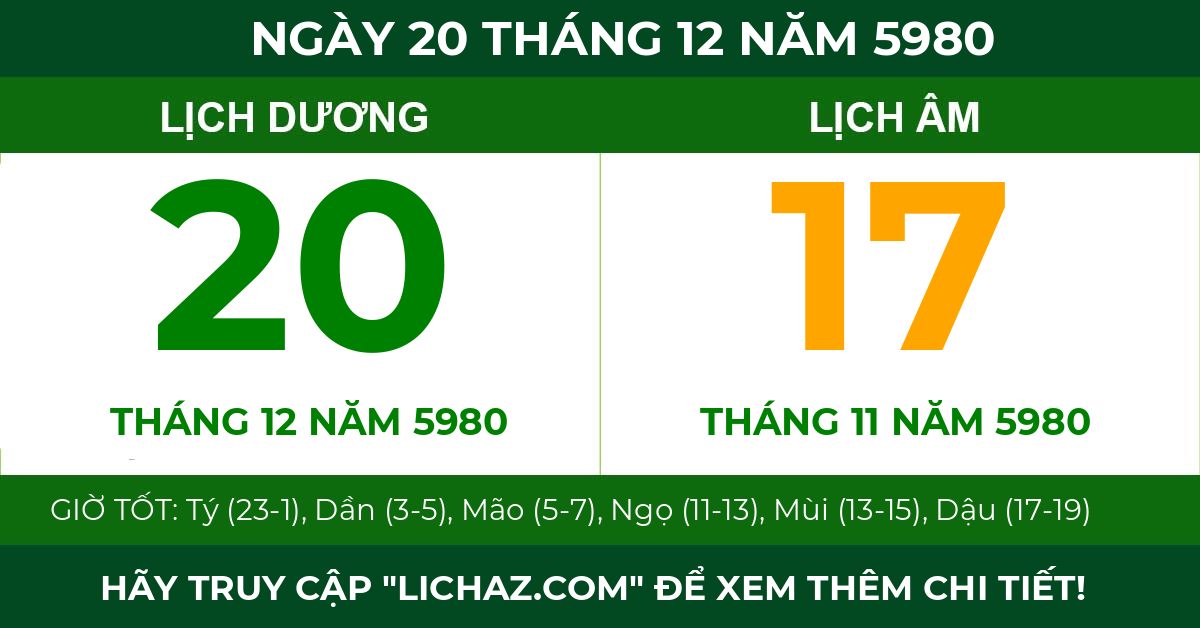 lịch âm ngày 20 tháng 12 năm 5980