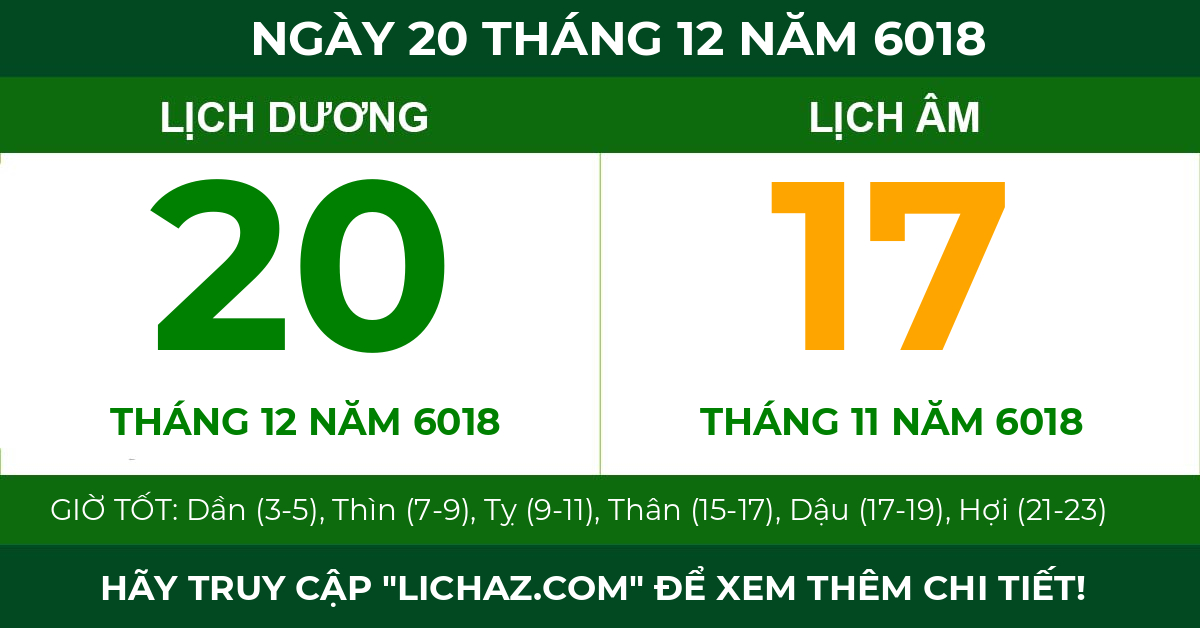 lịch âm ngày 20 tháng 12 năm 6018
