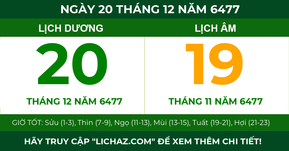lịch âm ngày 20 tháng 12 năm 6477