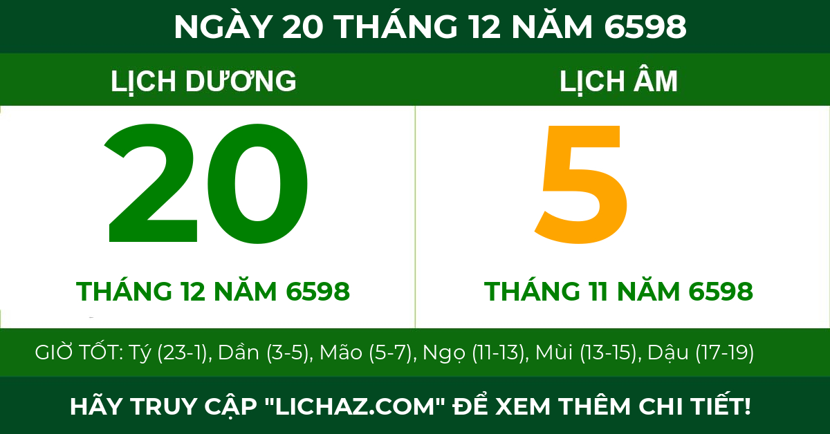 lịch âm ngày 20 tháng 12 năm 6598