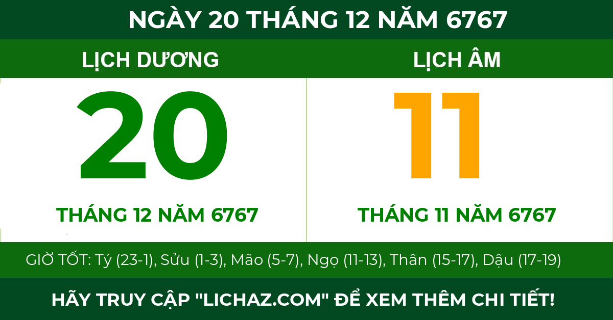 lịch âm ngày 20 tháng 12 năm 6767