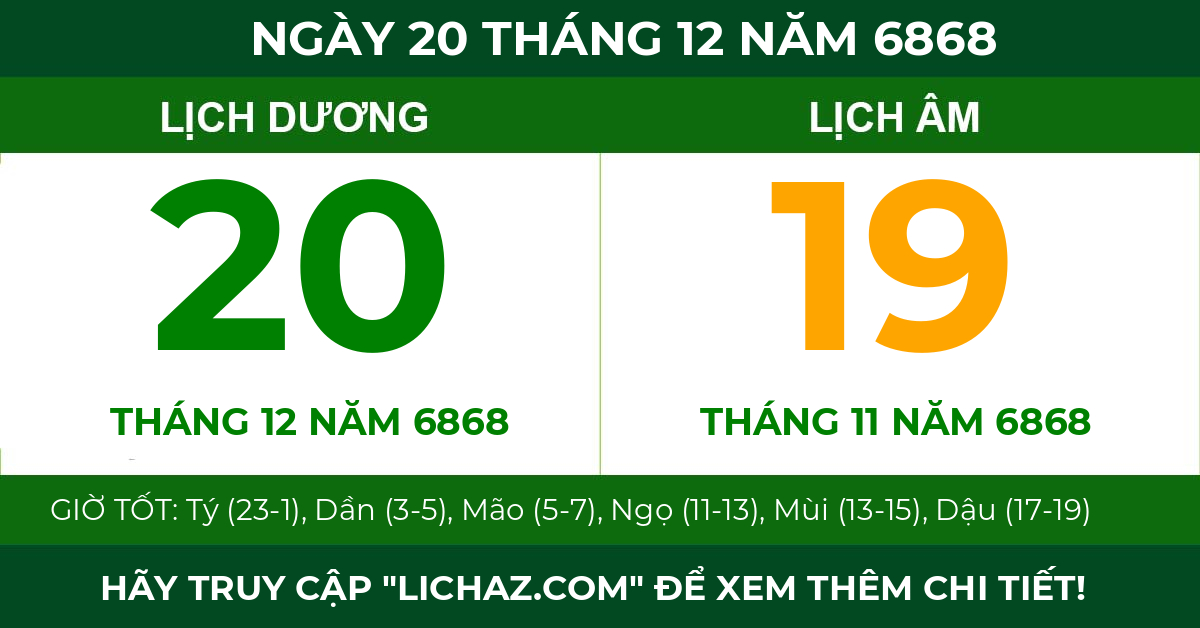lịch âm ngày 20 tháng 12 năm 6868