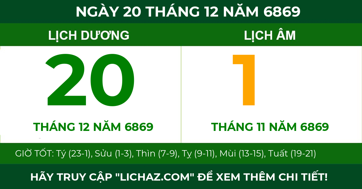 lịch âm ngày 20 tháng 12 năm 6869
