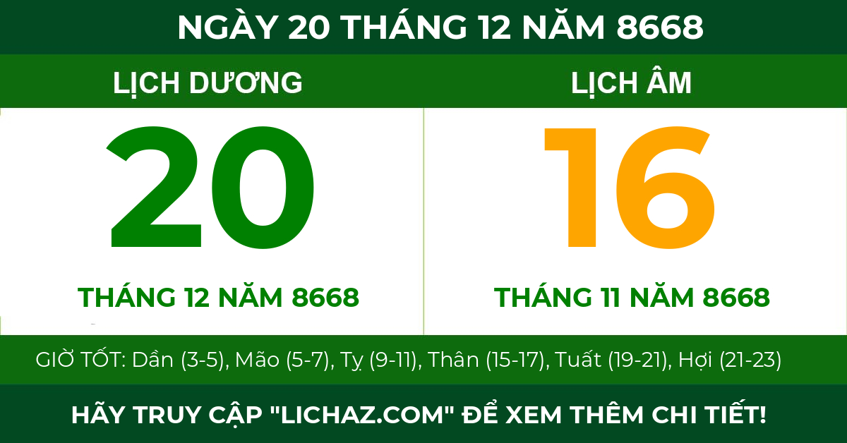 lịch âm ngày 20 tháng 12 năm 8668