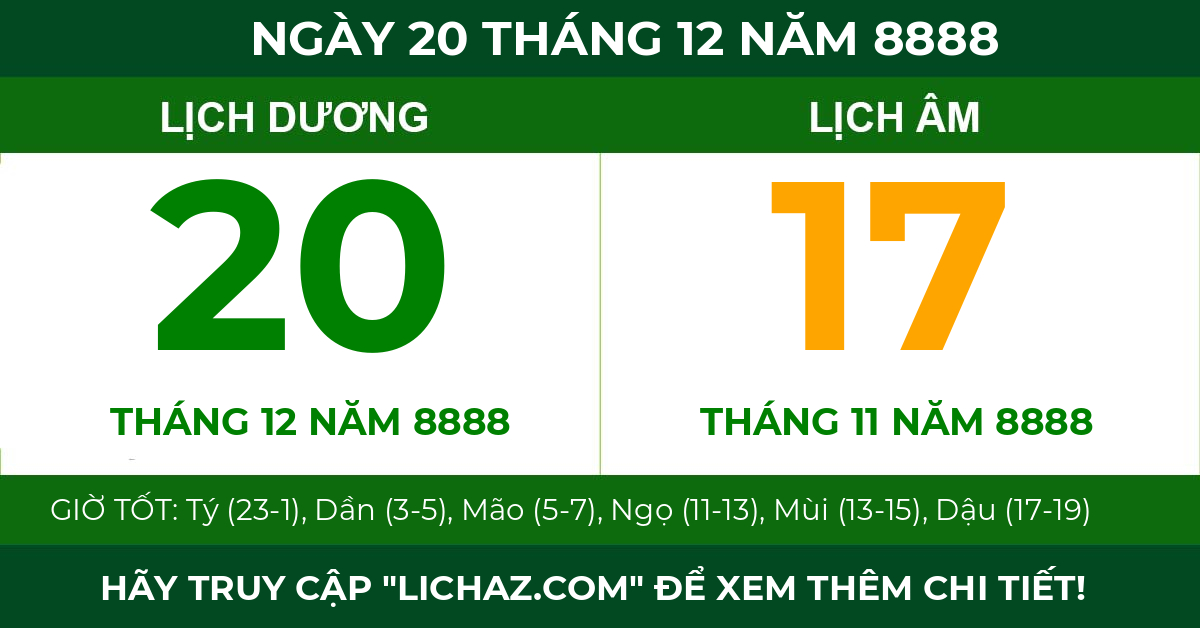 lịch âm ngày 20 tháng 12 năm 8888