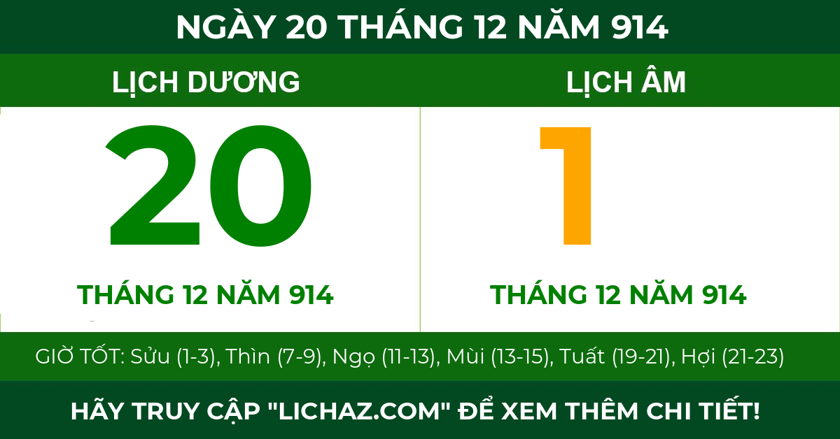 lịch âm ngày 20 tháng 12 năm 914