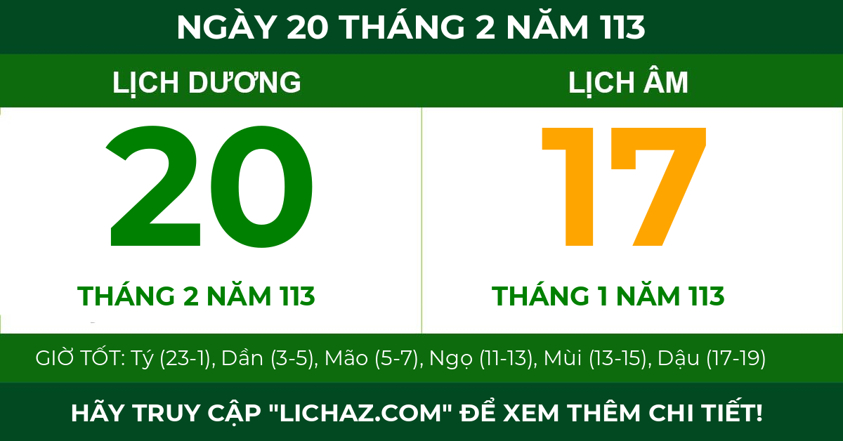 lịch âm ngày 20 tháng 2 năm 113