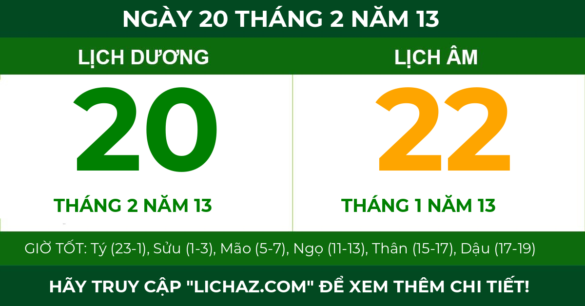 lịch âm ngày 20 tháng 2 năm 13