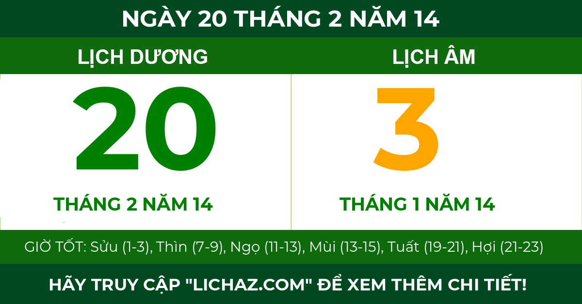 lịch âm ngày 20 tháng 2 năm 14