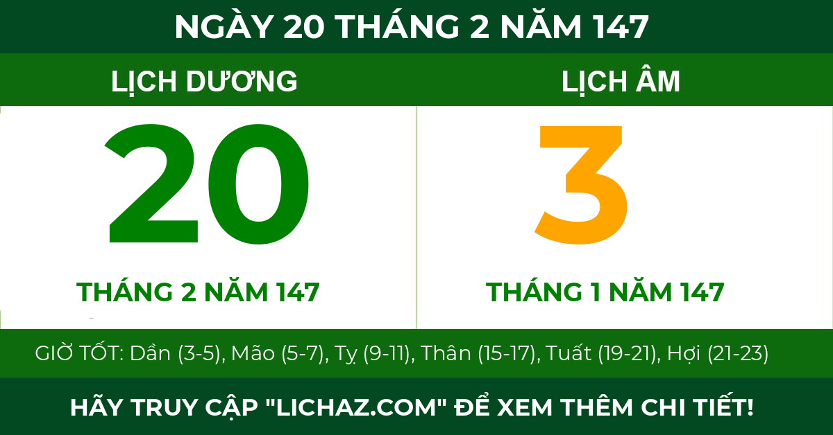 lịch âm ngày 20 tháng 2 năm 147