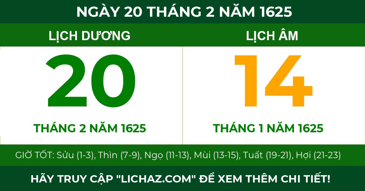 lịch âm ngày 20 tháng 2 năm 1625