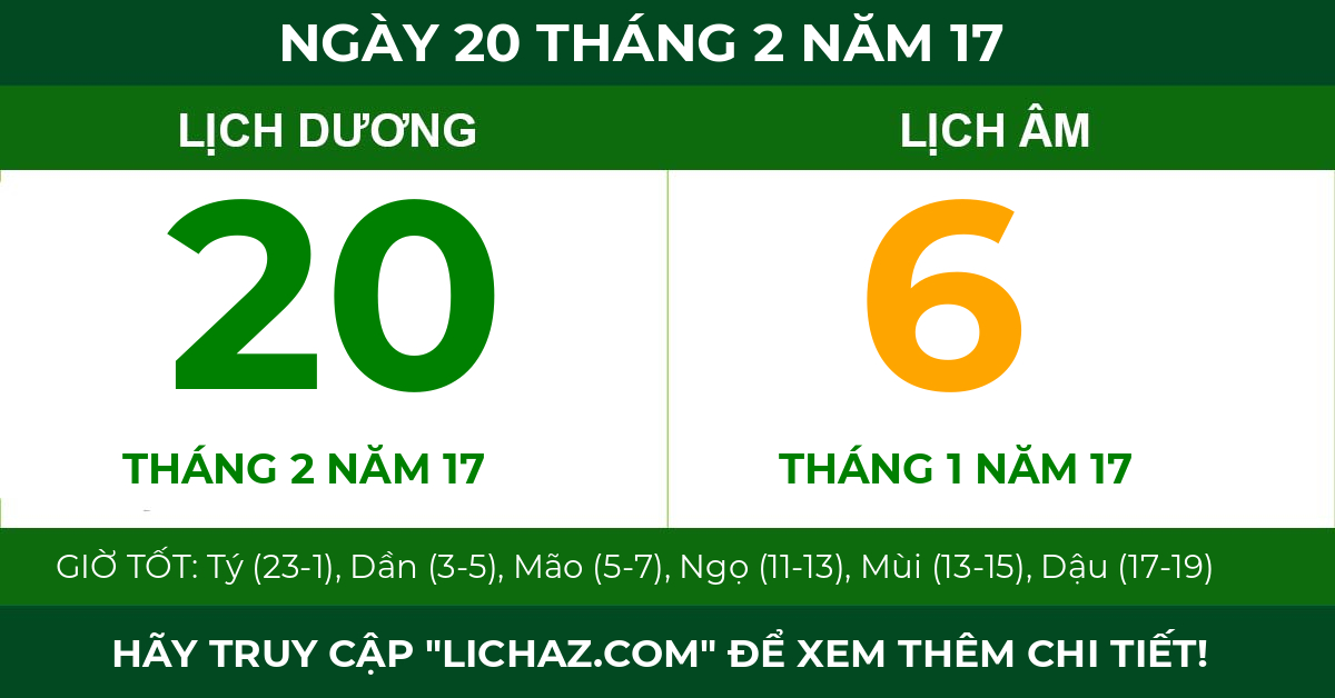lịch âm ngày 20 tháng 2 năm 17