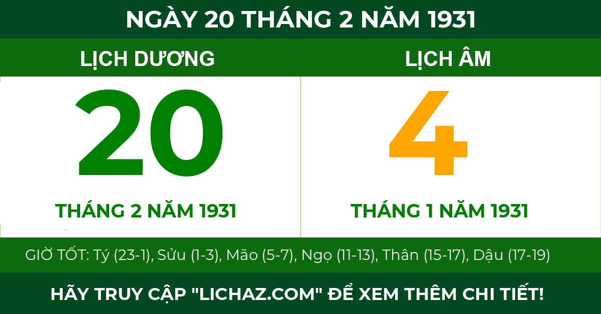 lịch âm ngày 20 tháng 2 năm 1931