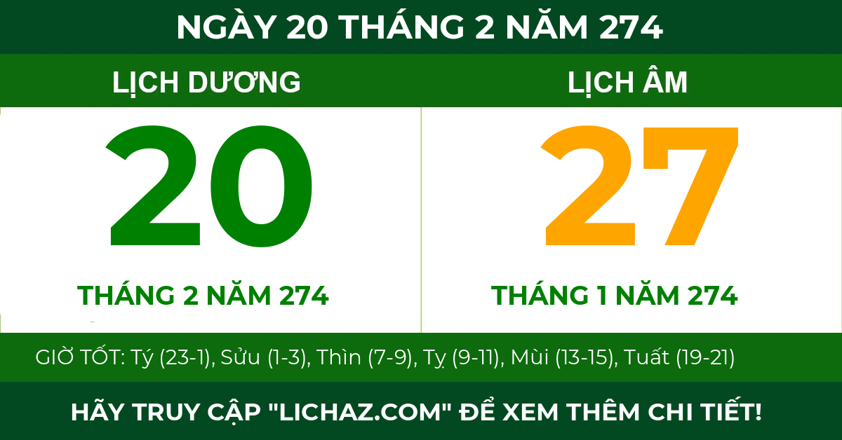 lịch âm ngày 20 tháng 2 năm 274