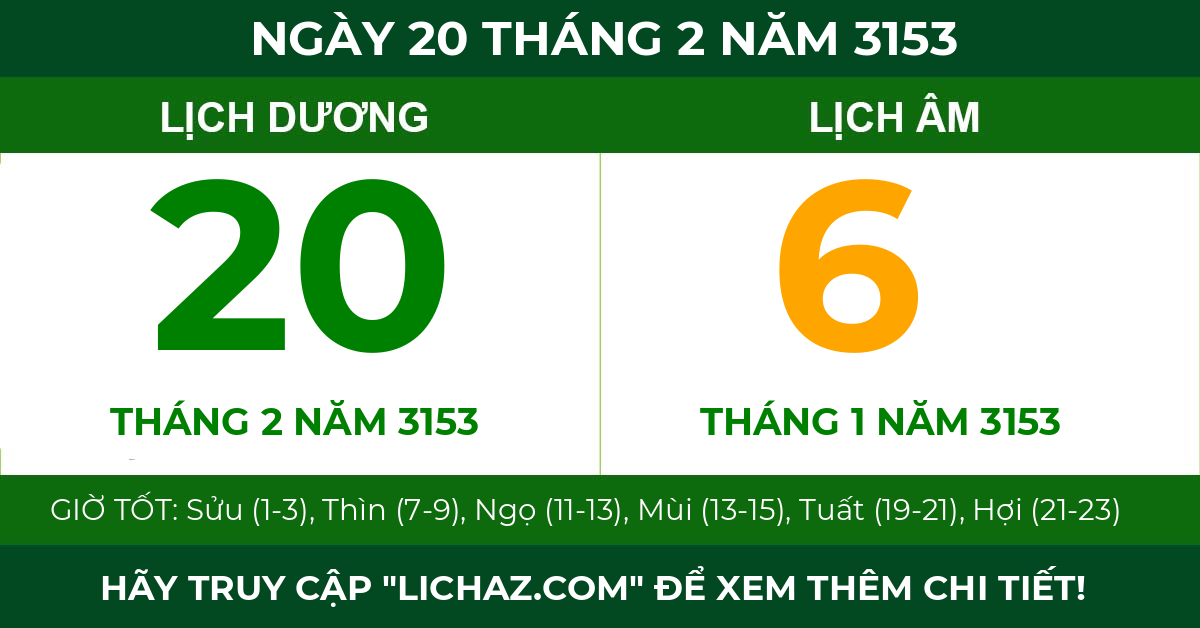 lịch âm ngày 20 tháng 2 năm 3153