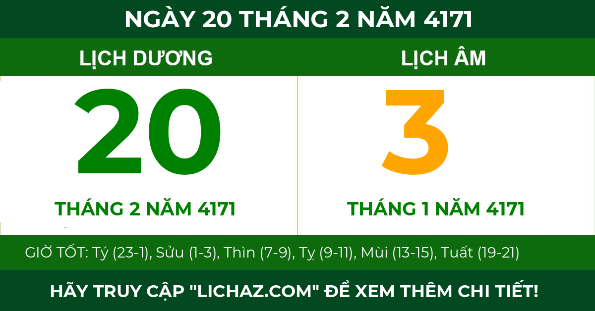 lịch âm ngày 20 tháng 2 năm 4171