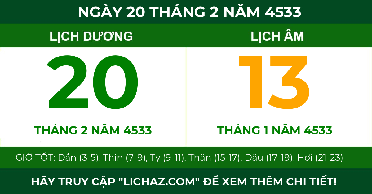 lịch âm ngày 20 tháng 2 năm 4533
