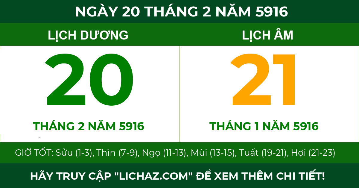 lịch âm ngày 20 tháng 2 năm 5916