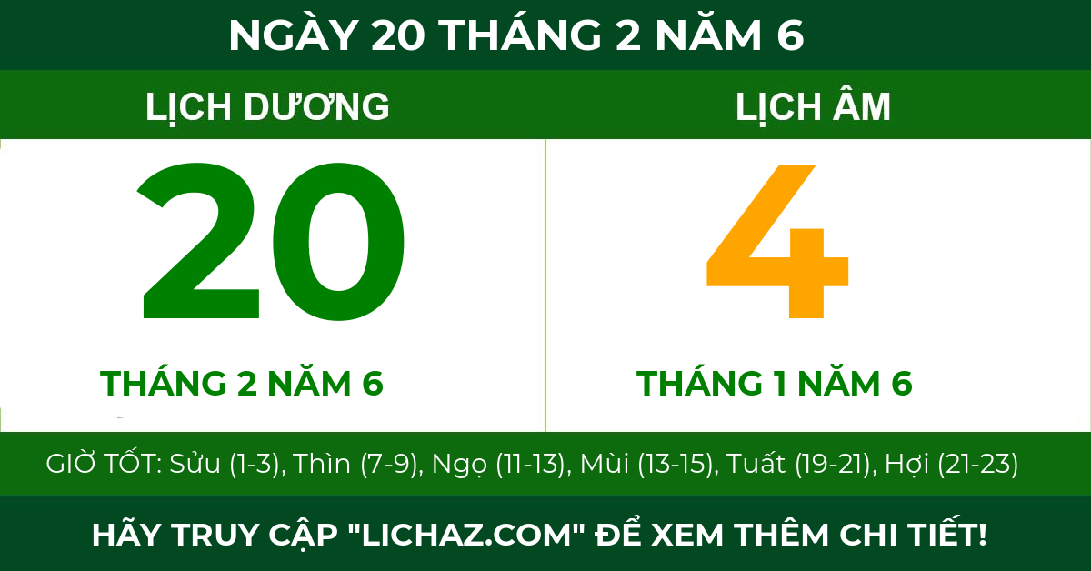 lịch âm ngày 20 tháng 2 năm 6