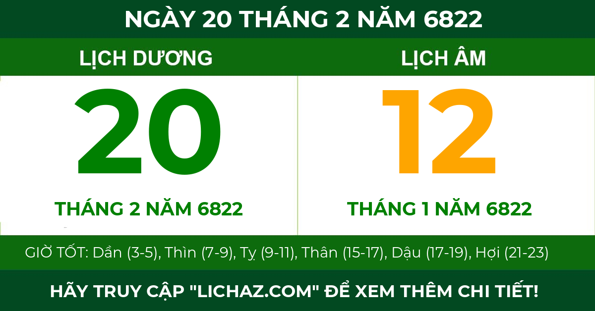 lịch âm ngày 20 tháng 2 năm 6822
