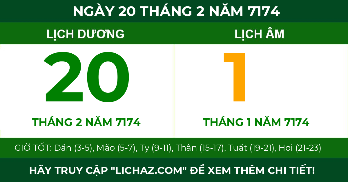 lịch âm ngày 20 tháng 2 năm 7174